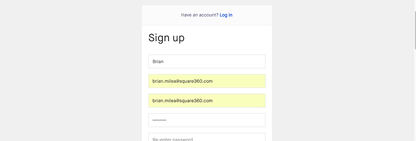 Simple sign-up form with email and password fields highlighted in yellow.