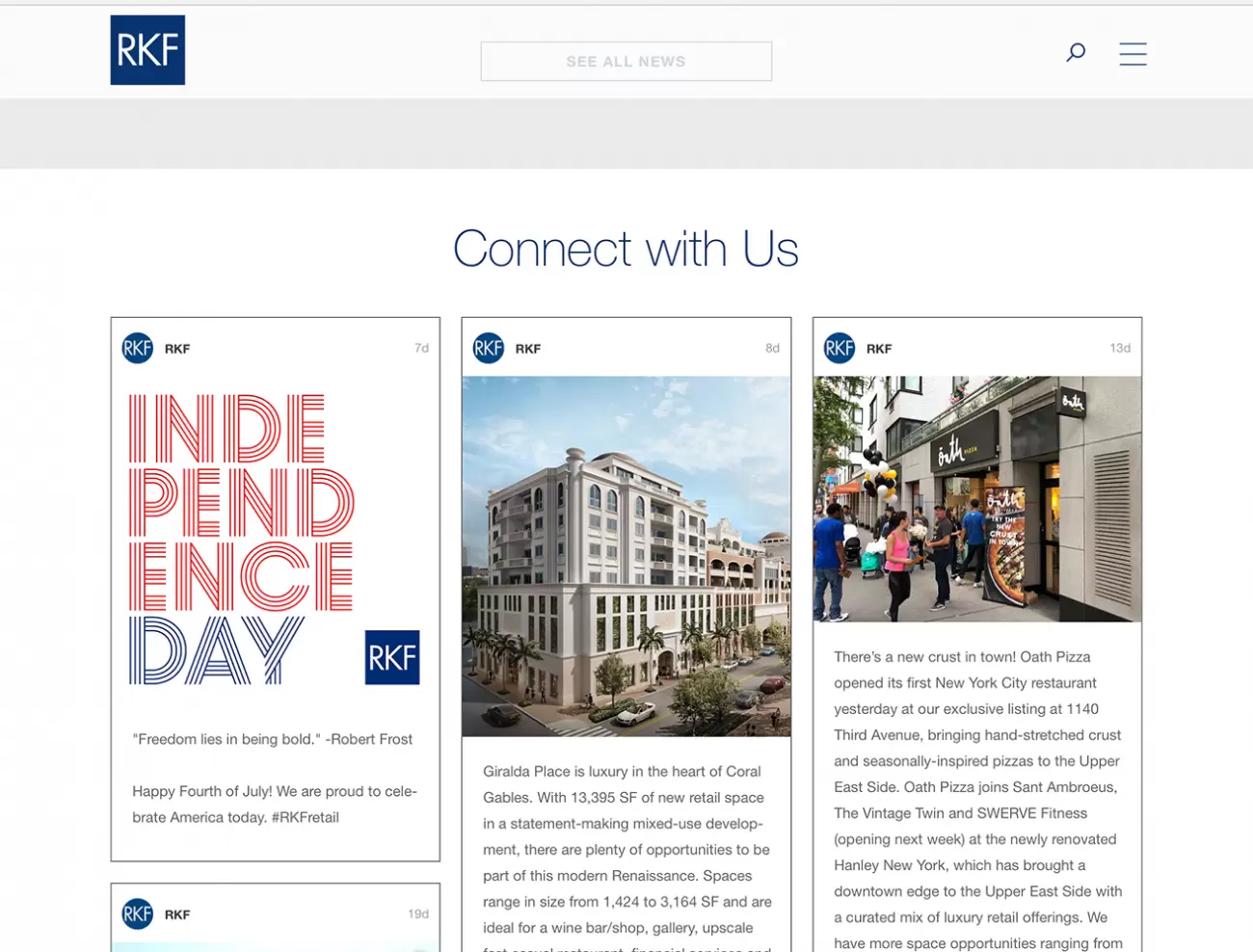Website interface showing "Connect with Us" section featuring Independence Day content and building images.