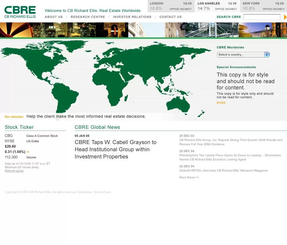 CBRE global services website with world map highlighting geographic presence.