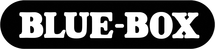 "BLUE-BOX" text in white letters on a black rounded rectangular background.