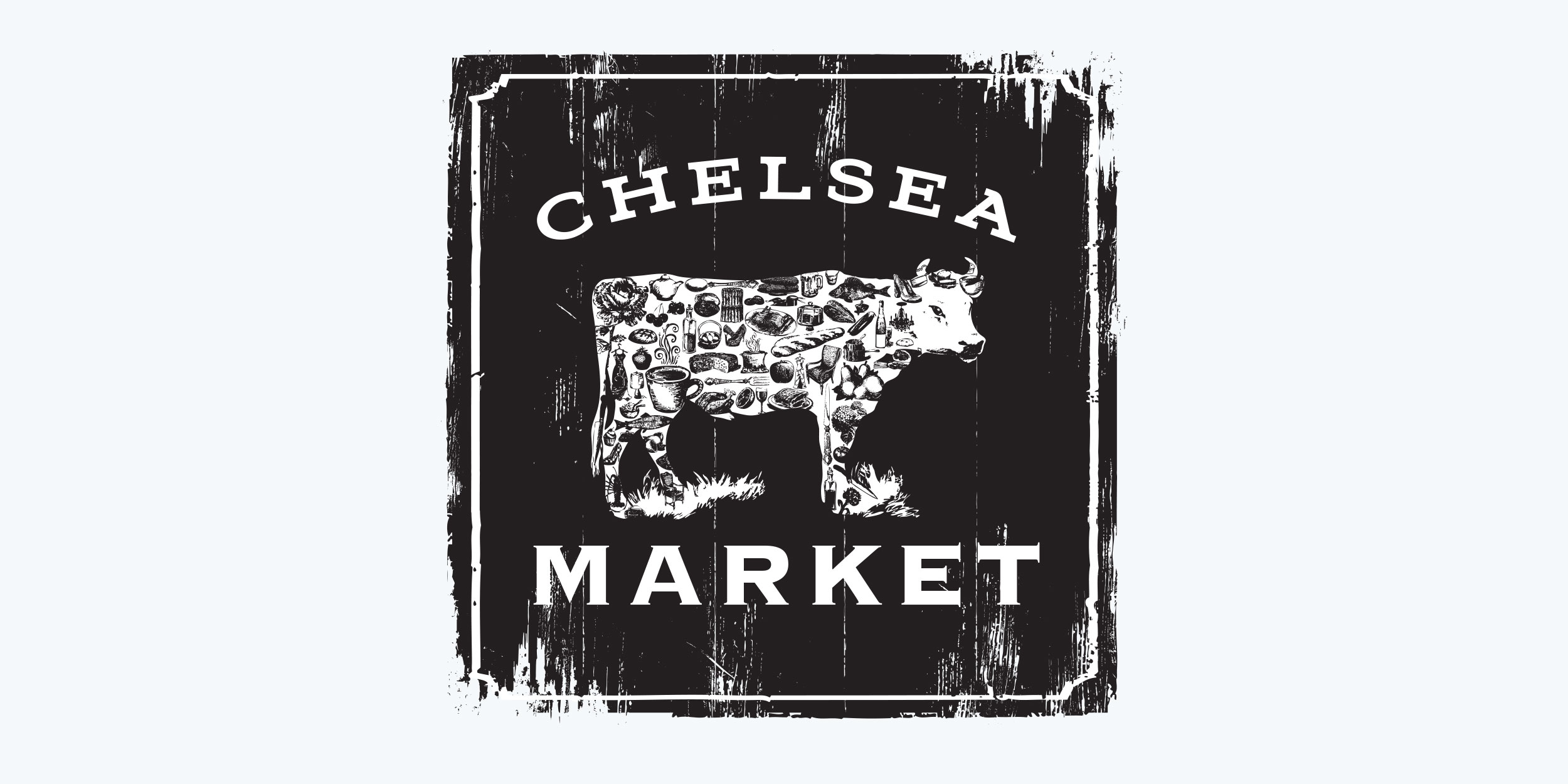 Black and white Chelsea Market logo with a cow silhouette on a square background.
