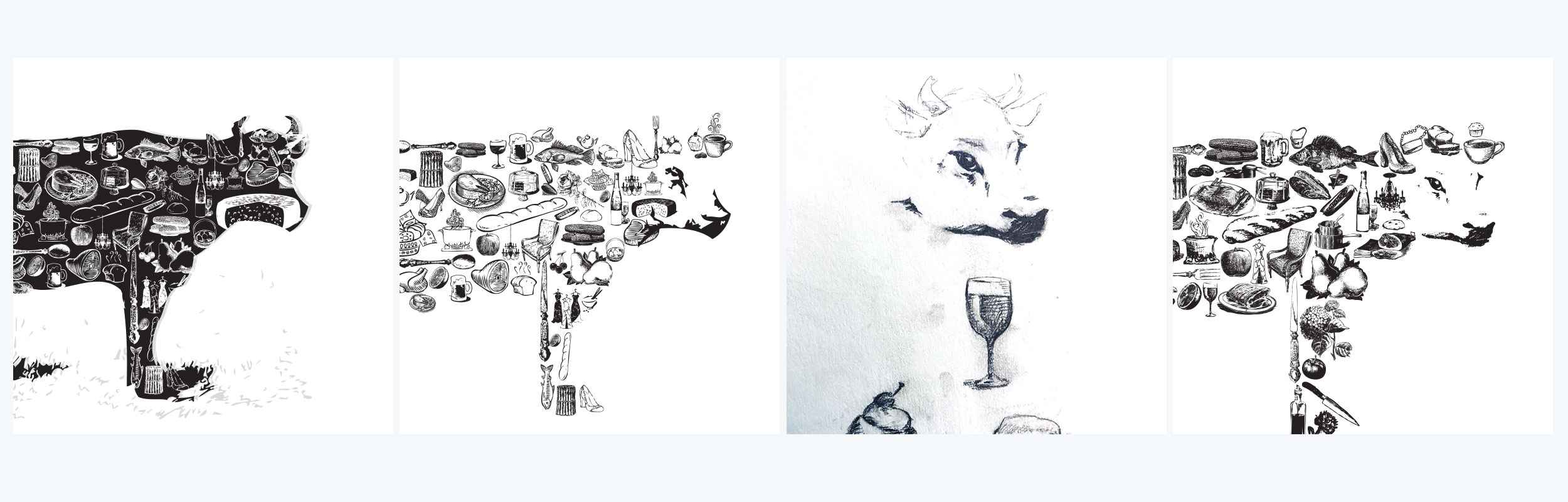 Three sequential black and white sketches showing a tree in varying states of foliage.