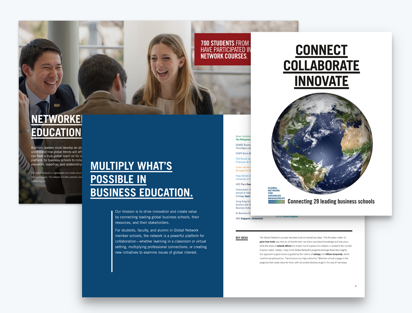 Marketing brochure showing collaborative education with globe and students working together.