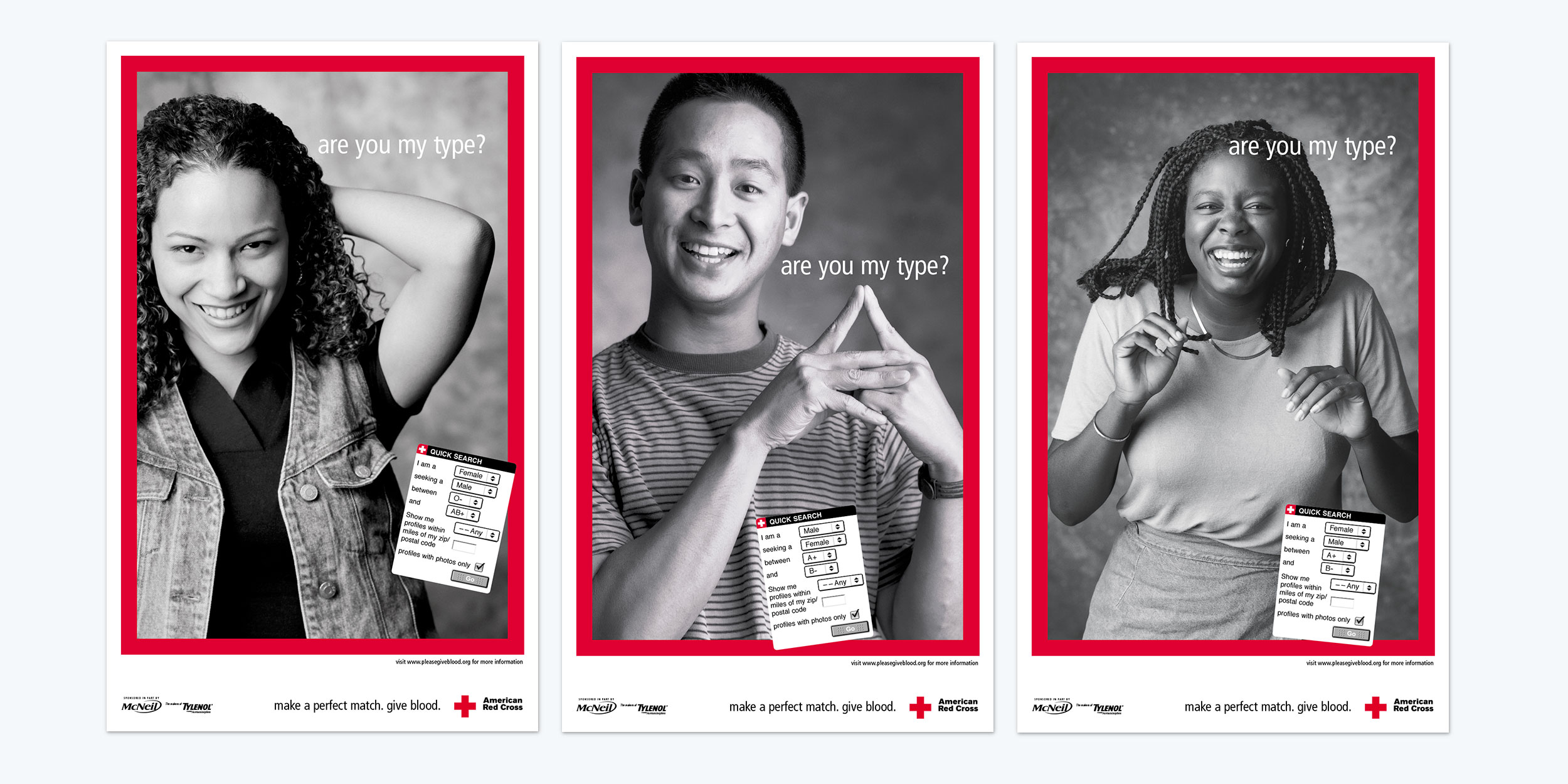 Three black and white portraits showing models posing with small cartons, highlighted with red borders.