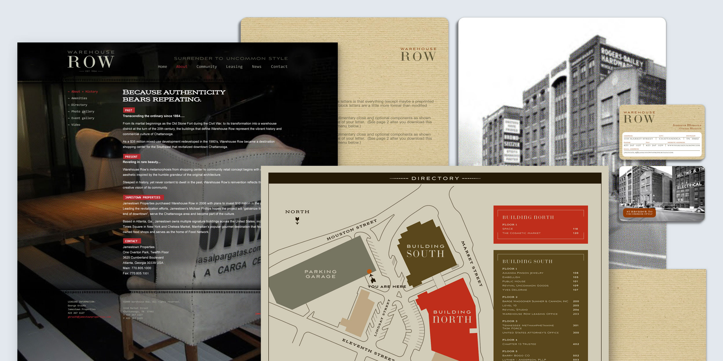 Collection of architectural materials including sketches, plans, color swatches and building models.