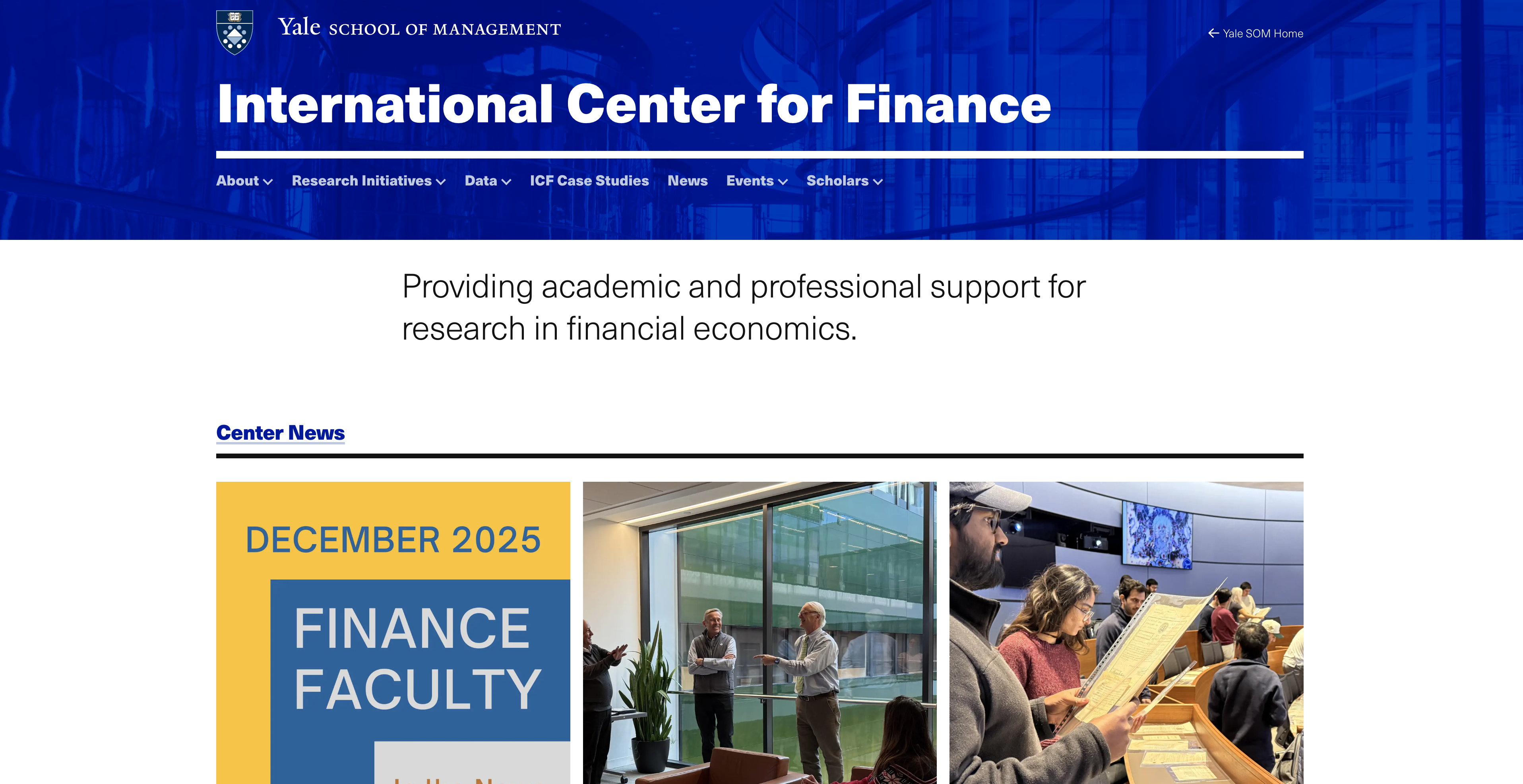 A university webpage for the International Center for Finance with navigation menu and image panels.