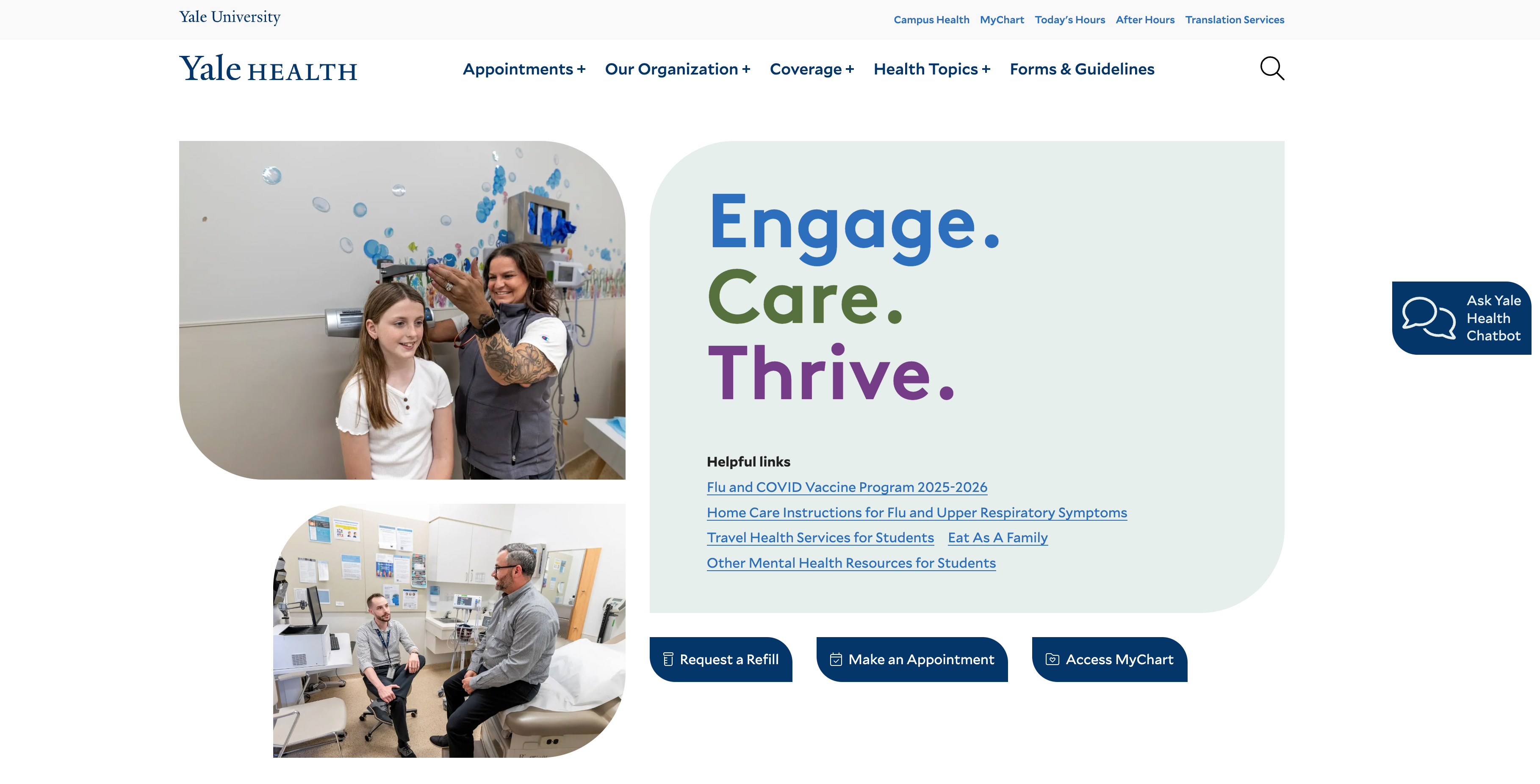 Medical professionals working together in a healthcare setting, with "Engage. Care. Thrive." text.