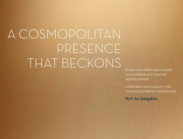Text on a golden background: "A COSMOPOLITAN PRESENCE THAT BECKONS"