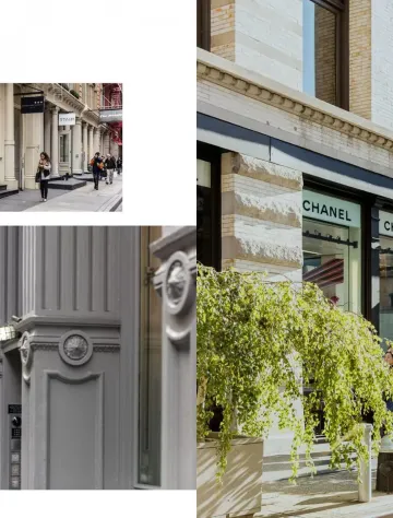 A collage of elegant storefronts with classical architectural details and hanging greenery.