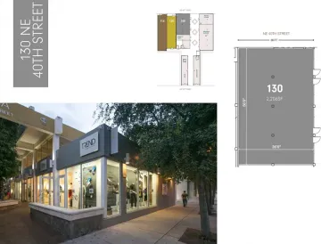 A retail storefront on a street corner with accompanying floor plan showing store layout and dimensions.