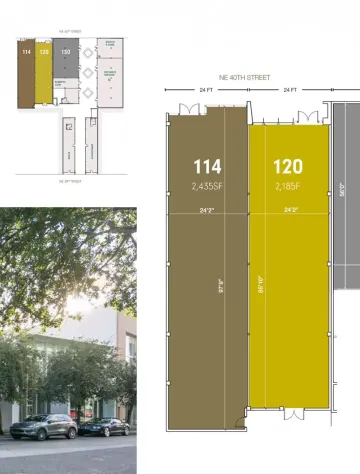 Building floor plan showing units 114 and 126, with a street view photograph of the exterior.