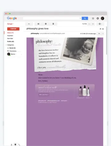 Gmail interface showing a draft email with purple background and black and white photograph