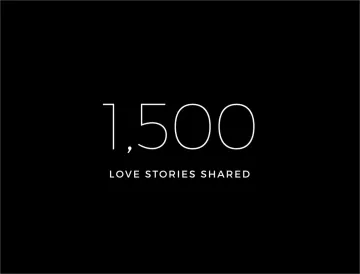 "1,500 LOVE STORIES SHARED" text displayed on black background