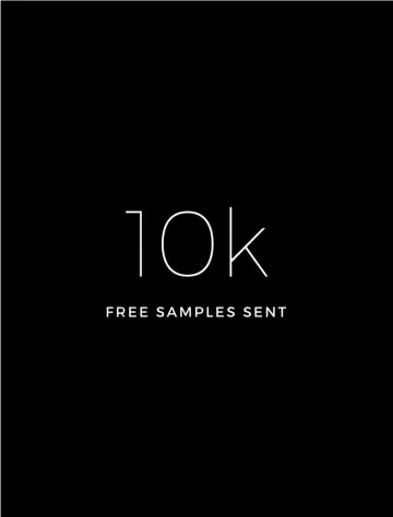 White text "10k FREE SAMPLES SENT" on black background.