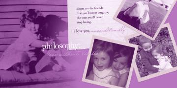 Old photographs with purple tint showing childhood memories arranged in a scrapbook-style layout.