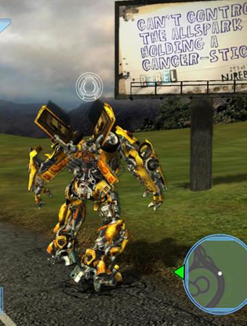 Yellow robotic character standing near a billboard on a grassy field during stormy weather.