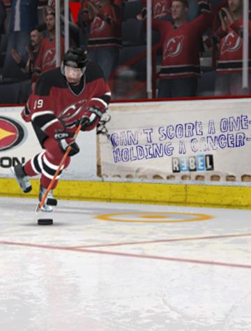 Hockey player in red New Jersey Devils jersey skating on ice during a game.