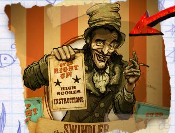 Vintage-style carnival poster showing a top-hatted figure holding a sign with circus text