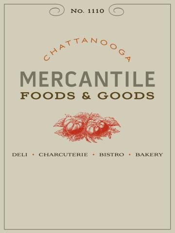 Vintage Chattanooga Mercantile Foods & Goods logo with red emblem on beige background