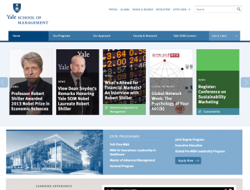 University website homepage showing news grid with faculty articles and campus information.