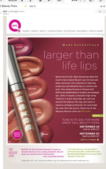 Promotional email showcasing lip products with bold red graphic design in Gmail interface.