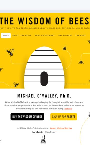 Book cover "The Wisdom of Bees" by Michael O'Malley against bright yellow background with illustrated beehive