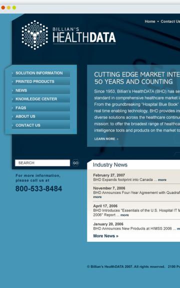 A healthcare website interface with a blue gradient design, showing navigation menu and content sections.