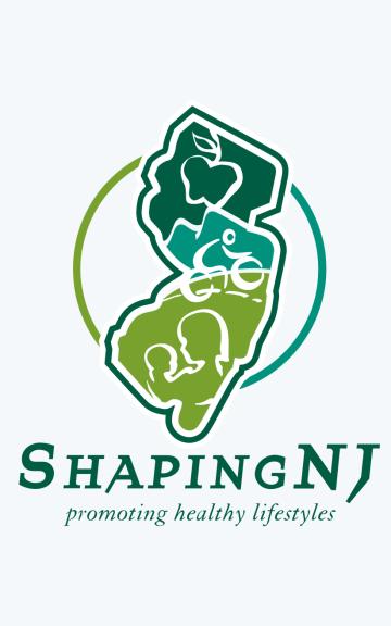 Green and blue circular logo for ShapingNJ showing stylized leaves promoting health literacy.