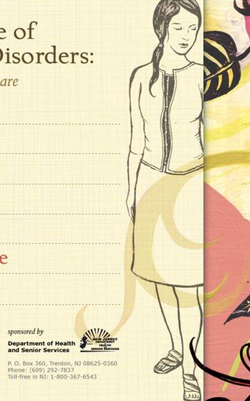 Illustration of a woman in a simple dress against a yellow and pink background.