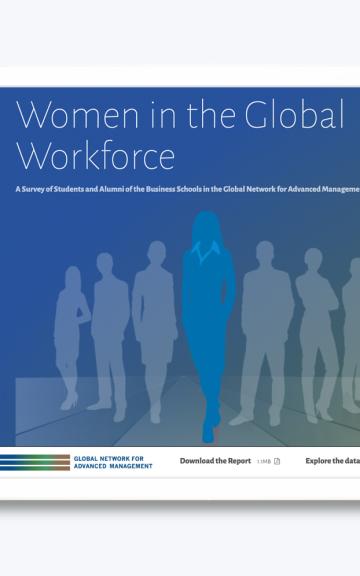 Laptop displaying presentation slide titled "Women in the Global Workforce" with silhouettes