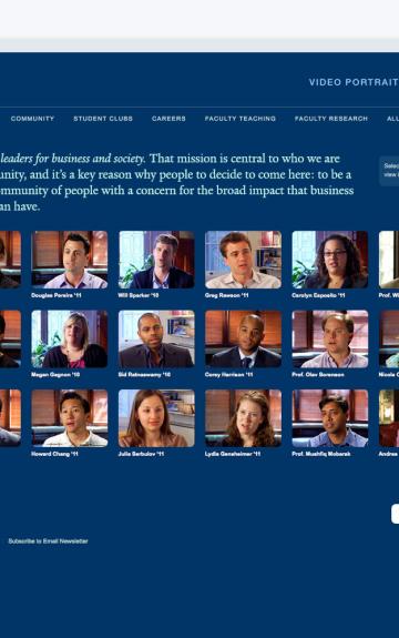 Grid of professional headshots arranged in rows on a dark blue background.