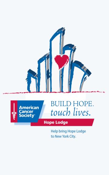 American Cancer Society logo with blue city skyline silhouette and red heart, "BUILD HOPE touch lives."