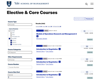 A list of elective core courses on a university webpage, showing course titles and availability.