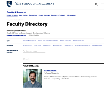 Faculty directory webpage showing a search interface and a faculty member profile.