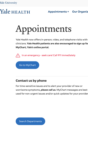 Healthcare appointments webpage showing various appointment types and scheduling options.