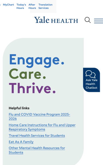 Yale Health website header with "Engage. Care. Thrive." tagline and featured links to programs and resources.