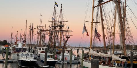 Chestertown Maryland harbor with tall ships